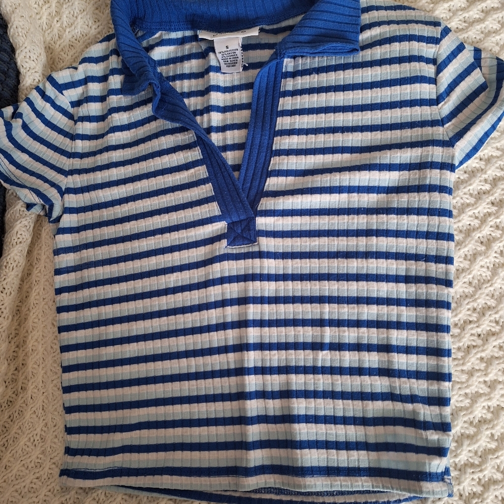 Royal Blue, Baby blue, and White Striped, Cropped Polo Shirt, Size Small